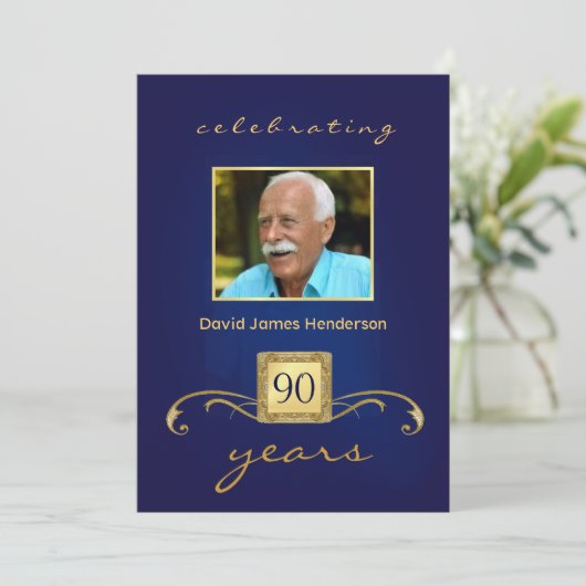 90番目のバースデーパーティ招待状-青いモノグラム 招待状 (スタンド正面)