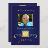 90番目のバースデーパーティ招待状-青いモノグラム 招待状 (正面/裏面)