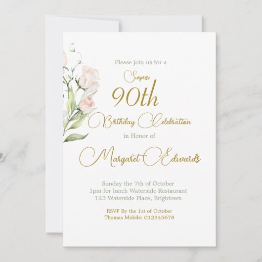 90番目のフローラ赤面ピンクエレガントフォト誕生日 招待状 (正面)