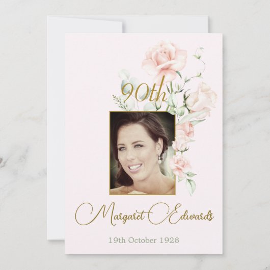 90番目のフローラ赤面ピンクエレガントフォト誕生日 招待状 (裏面)