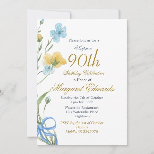 90番目のフローラ金ゴールドエレガントフォト誕生日 招待状 (正面)