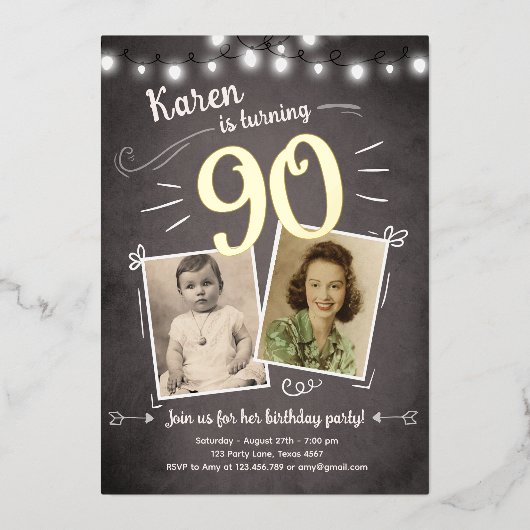 90番目のヴィンテージレトロ写真90サプライズ誕生日 箔招待状 (正面)