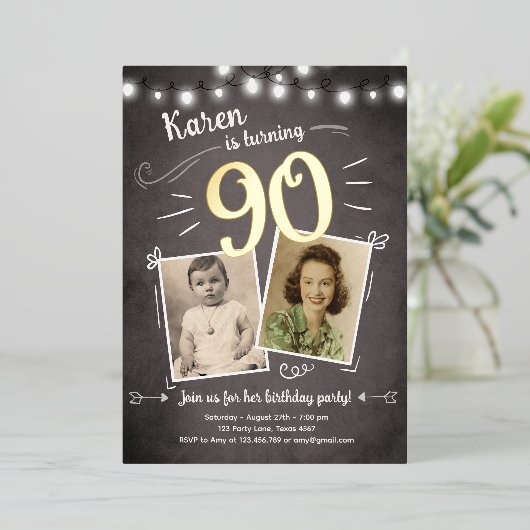 90番目のヴィンテージレトロ写真90サプライズ誕生日 箔招待状 (立ち正面)