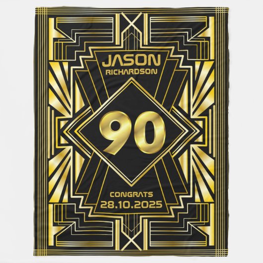 90番目の誕生日アールデコ金ゴールドブラック・ギ素晴らしャツビー フリースブランケット (正面)