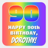 90番目の誕生日カラフル:, おもしろいレインボーパターン# 90 スクエアシール (正面)