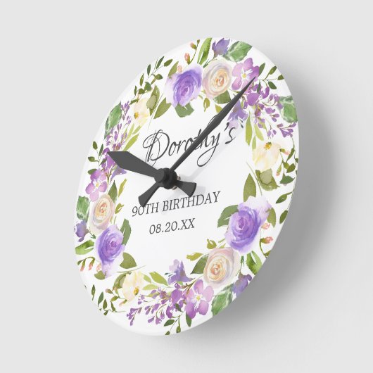 90番目の誕生日パ素朴ープルフローラ ラウンド壁時計 (傾斜)
