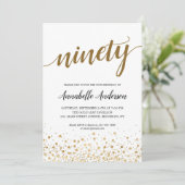 90番目の誕生日モダン金ゴールド紙吹雪ドットスクリプト 招待状 (スタンド正面)