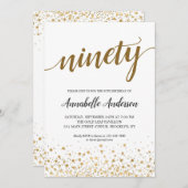 90番目の誕生日モダン金ゴールド紙吹雪ドットスクリプト 招待状 (正面/裏面)