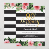 90番目の誕生日招待状女性。フローラ金ゴールド黒 招待状 (正面/裏面)