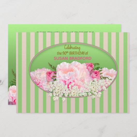 90番目の誕生日招待状(花付きフェミニン) 招待状 (正面/裏面)