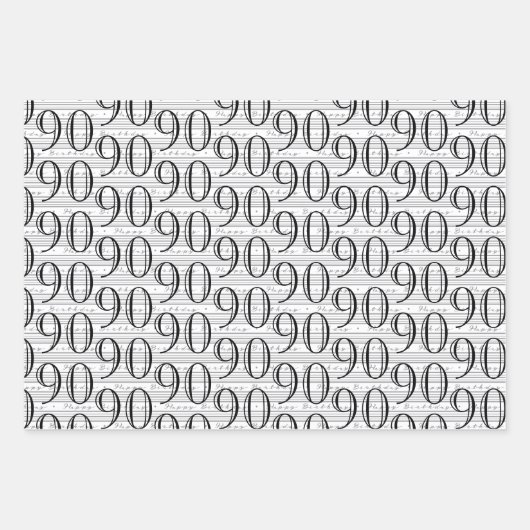 90番目の誕生日白黒タイポグラフィ番号 ラッピングペーパーシート (正面3)