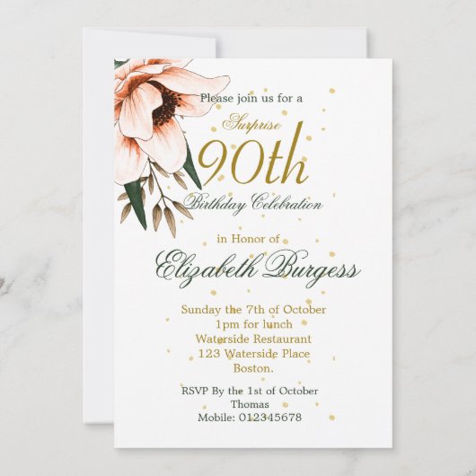 90番目の誕生日金ゴールドテラコッタオランフローラエレガント 招待状 (裏面)