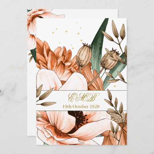 90番目の誕生日金ゴールドテラコッタオランフローラエレガント 招待状 (正面/裏面)