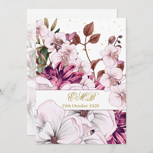 90番目の誕生日金ゴールドブルグンディ赤面エレガントフローラ 招待状 (正面/裏面)