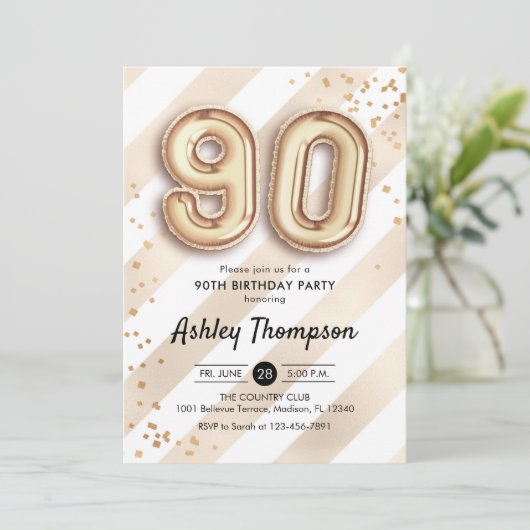 90番目の誕生日-ストライプ金ゴールドバルーン 招待状 (スタンド正面)