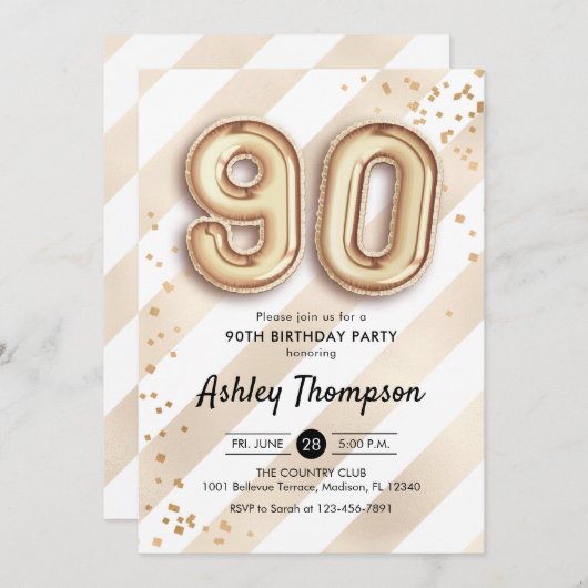 90番目の誕生日-ストライプ金ゴールドバルーン 招待状 (正面/裏面)