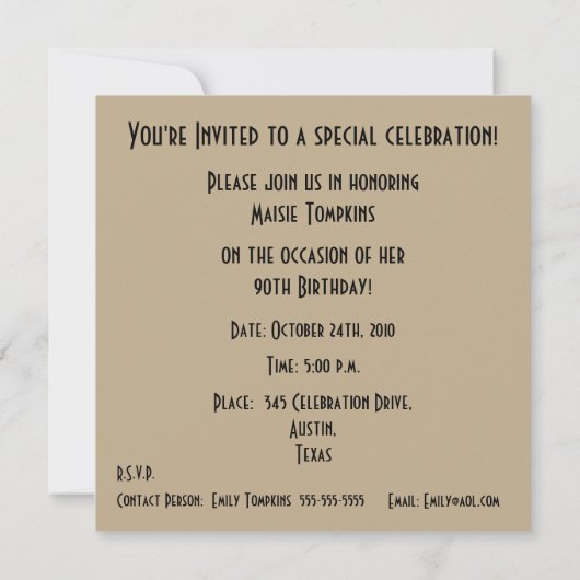 90番目の誕生祝いイエローローズ 招待状 (裏面)