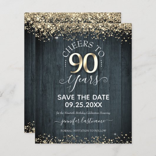 90番目の金ゴールド誕生日日付の保存の予算招待状 (正面/裏面)