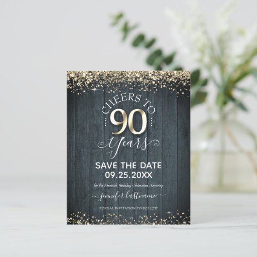 90番目の金ゴールド誕生日日付の保存の予算招待状 (スタンド正面)