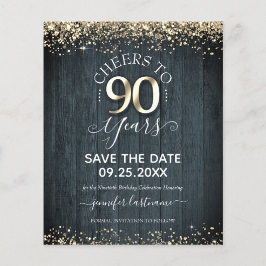 90番目の金ゴールド誕生日日付の保存の予算招待状 (正面)