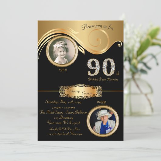 90番目,誕生日ウーマン90エレガント番目,アートデコ,黒 招待状 (スタンド正面)