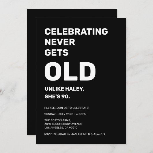 90祝th誕生日には一度もおもしろい老けない 招待状 (正面/裏面)