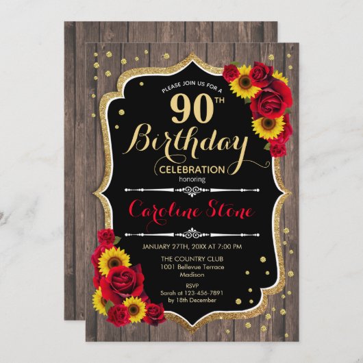90素朴誕生日 – ひまわりバラ木材 招待状 (正面/裏面)