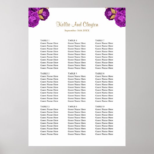 90紫と金ゴールドのフローラ結婚の座席表 ポスター (正面)