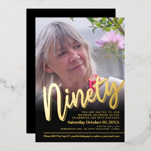 90誕生日の写真カスタム金ゴールド 箔招待状 (正面/裏面)