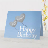 90誕生日の空に銀色の風船が広い カード (黄色い花)