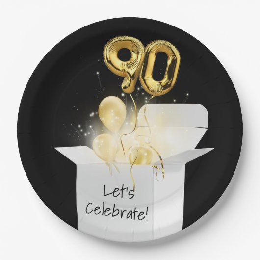 90誕生日の金ゴールドバルーン（白） ペーパープレート (正面)