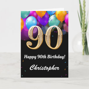 90誕生日の黒と金ゴールドカラフル気球 カード