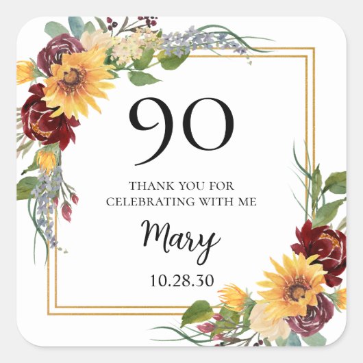 90誕生日ひまわり スクエアシール (正面)