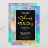 90誕生日アクアグリーン数々のファイアオパール金ゴールドグラム 招待状 (正面/裏面)