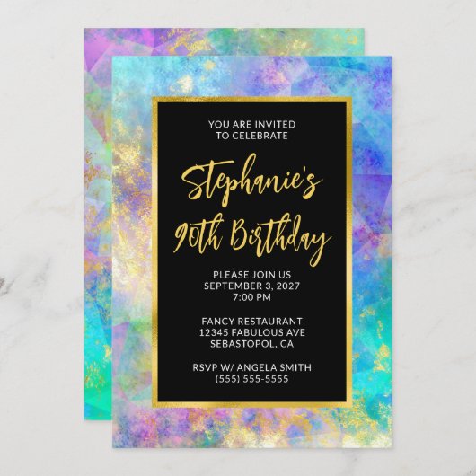 90誕生日アクアグリーン数々のファイアオパール金ゴールドグラム 招待状 (正面/裏面)
