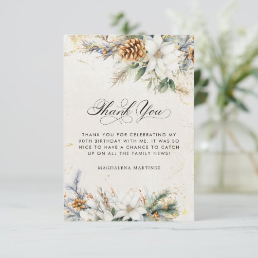 90誕生日ウィンターホワイトフローラ緑 サンキューカード (スタンド正面)