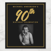 90誕生日エレガントフォトブラック金ゴールドワインラベル ワインラベル (シングルラベル)