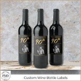 90誕生日エレガントフォトブラック金ゴールドワインラベル ワインラベル