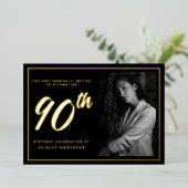 90誕生日エレガントフォト黒金ゴールド 箔招待状 (立ち正面)