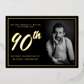 90誕生日エレガントフォト黒金ゴールド 箔招待状 (正面)