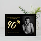 90誕生日エレガントフォト黒金ゴールド 箔招待状 (立ち正面)