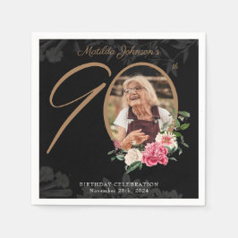 90誕生日エレガントフローラブラックカスタム金ゴールド スタンダードカクテルナプキン