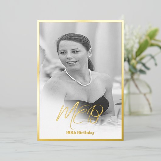90誕生日エレガントモノグラム誕生日 箔招待状 (立ち正面)