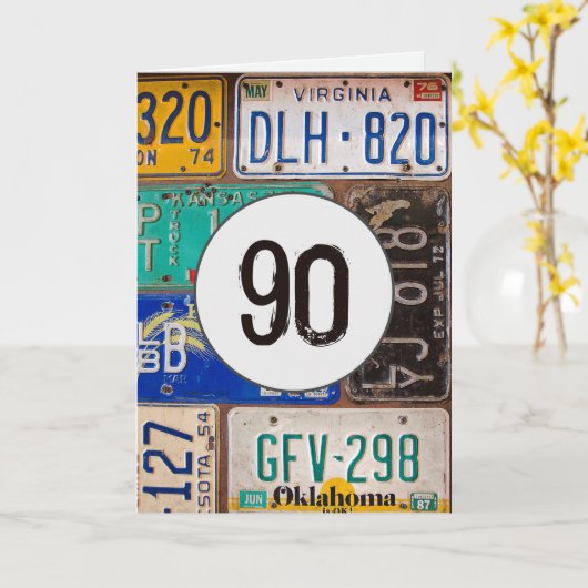 90誕生日カード用Rustyライセンスプレート カード (黄色い花)