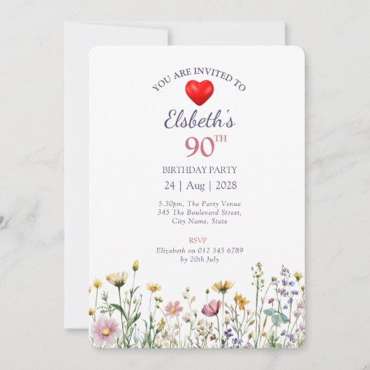 90誕生日ガーデンフローラワイルドメドウフォト 招待状 (正面)