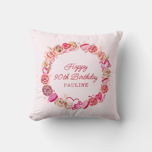 90誕生日ギフトピンクローズ渦巻形のハート クッション (正面)