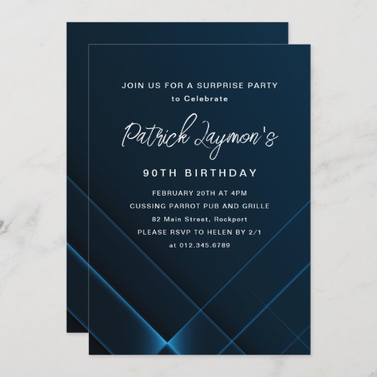 90誕生日サプライズパーティーダークブルー幾何学模様 招待状 (正面/裏面)