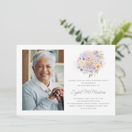 90誕生日サプライズパーティーフラワーブーケ 招待状 (スタンド正面)