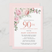 90誕生日サプライズパーティー赤面ピンクフローラ 招待状 (正面/裏面)
