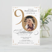 90誕生日サプライズ金ゴールド白エレガント写真 招待状 (スタンド正面)